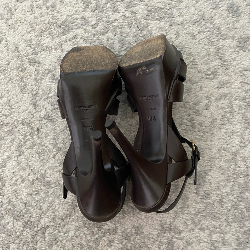 Saint Laurent Paris Dark Brown Leather Tribute Platform Sandlas - Picture 6 of 6